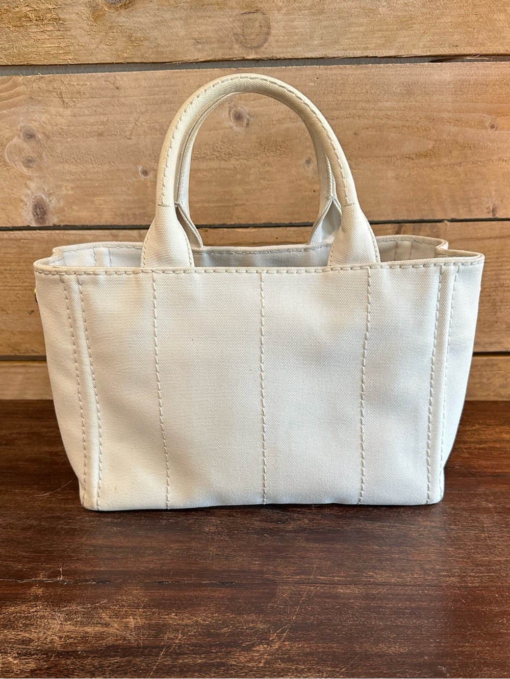 Authentic Prada Canapa Small Tote in ivory/cream canvas w/ gold hardware & strap - Picture 14 of 16